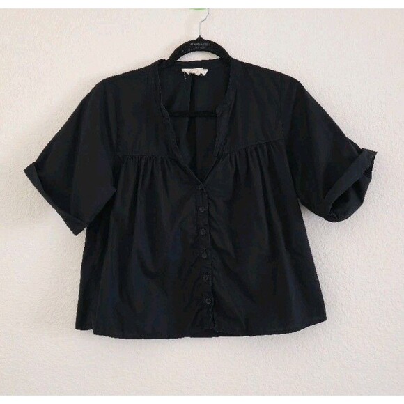 Nation LTD 2024 Filippa Blouse Black Pima Cotton Poplin Rolled Cuffs Size Small - Picture 2 of 8